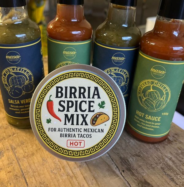 hot birria spice mix in front of hot sauces
